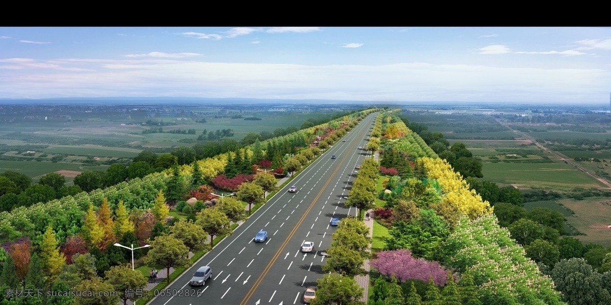 道路景观 鸟瞰 3d效果图 奔驰 宝马 路面 树木 路灯 天空 效果图 3d设计 室外模型