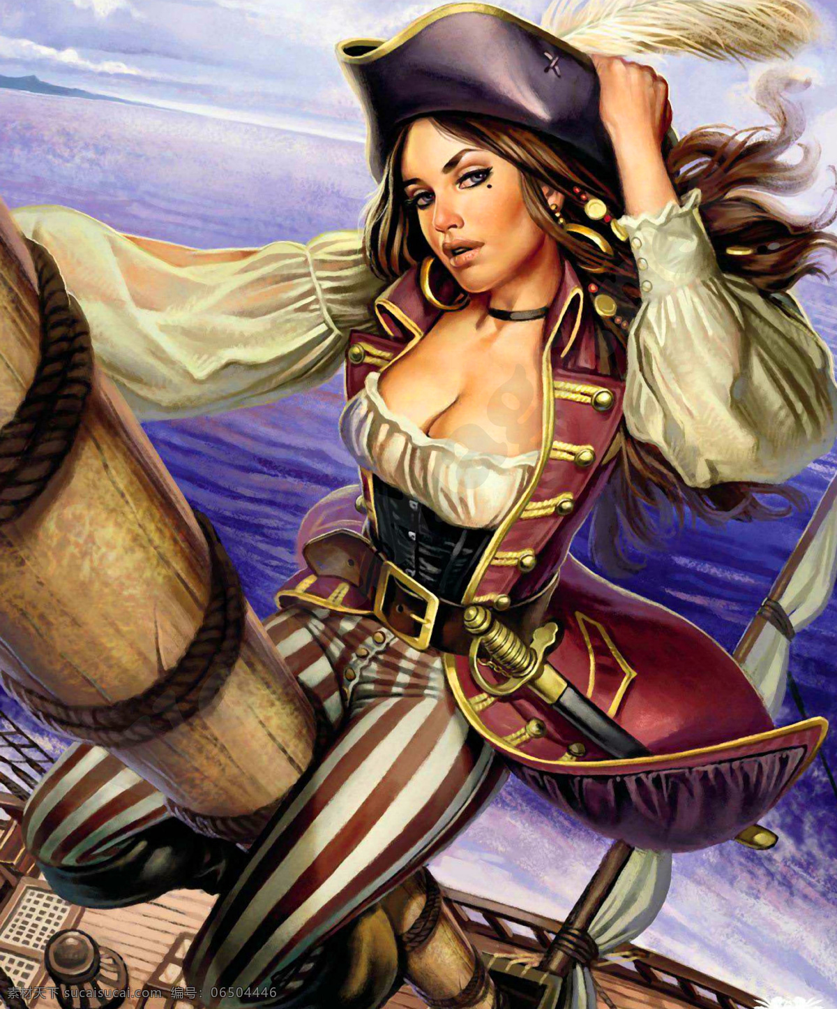 女海盗 海盗 传说 童话 出海 桅杆 女子 女人 性感 人体 绘本 手绘 艺术 油画 趣味 绘画 插图 装饰画 无框画 美女 人物 动漫人物 动漫动画