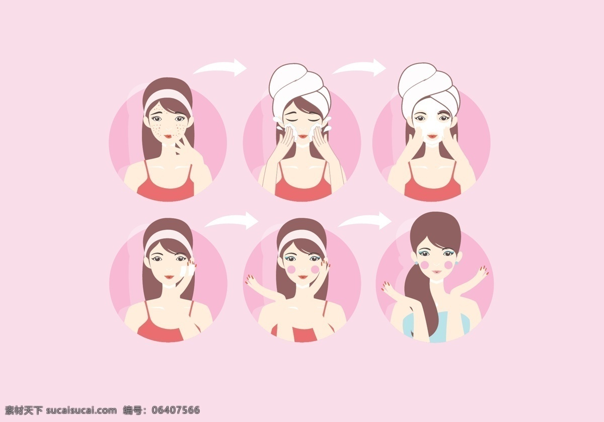 化妆 步骤 插画 粉色女性 脸部化妆插画 洁面 护肤 洗脸 女性 卡通 矢量 pdf ai矢量插画