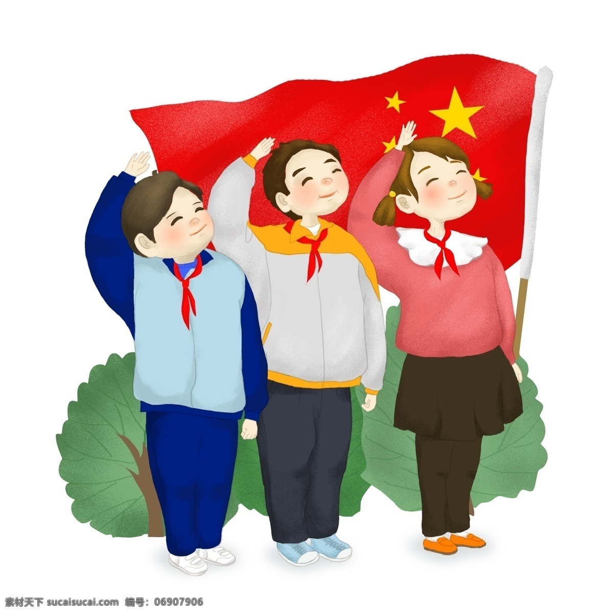 商用 敬礼 学生 升旗 崇敬 肃立 国旗 卡通 人物 装饰 少先队 人群 站立 红领巾 男孩 女孩 男生 女生 场景 电商 配图