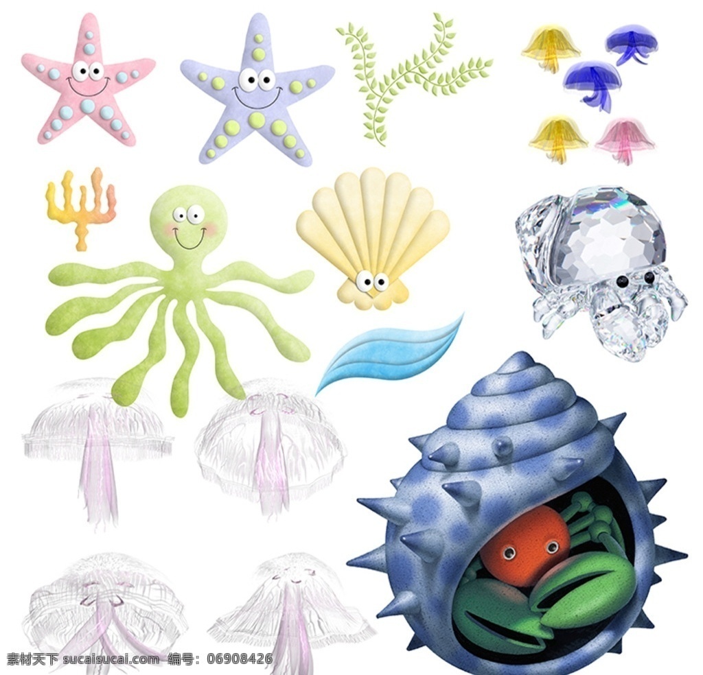 卡通海洋生物 卡通海星 卡通章鱼 卡通八爪鱼 卡通扇贝 卡通珊瑚 卡通海螺 水晶海螺 水母 动漫卡通可爱 分层