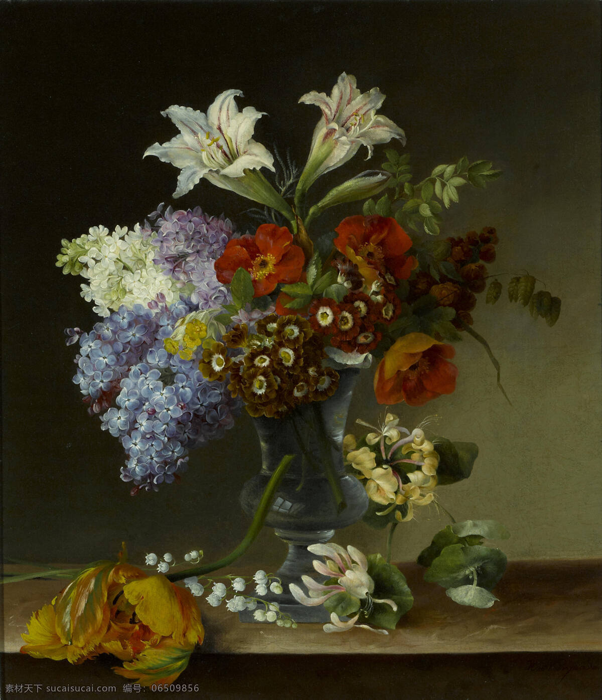 静物鲜花 混搭鲜花 琉璃花瓶 百合花 散落的花朵 古典油画 油画 绘画书法 文化艺术