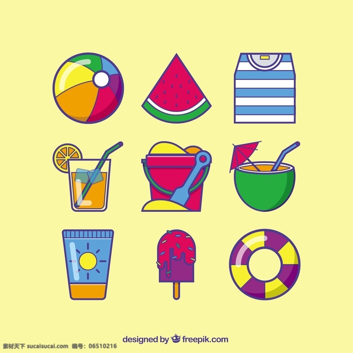 多彩 风格 夏季 图标 夏天 海滩 t恤 冰淇淋 衬衫 鸡尾酒 冰 五颜六色 球 夏天海滩 流行 西瓜 奶油 柠檬水 浮球 黄色