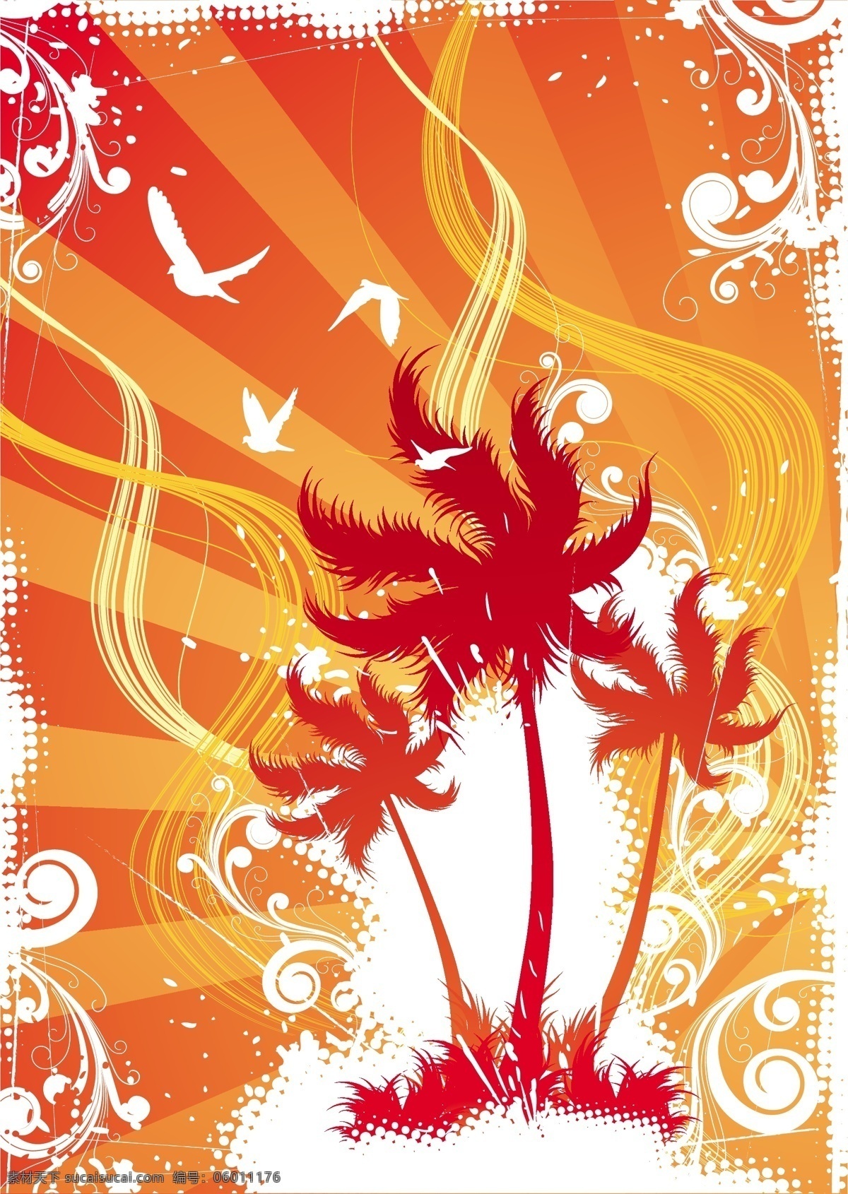 精美 椰子树 花纹 背景 海鸥 矢量素材 矢量椰子树 矢量图 花纹花边