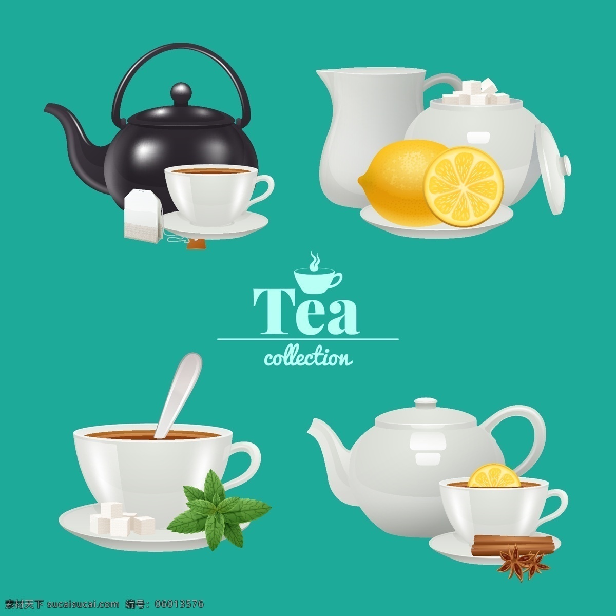 茶壶 茶杯 矢量 创意 杯子 茶水 柠檬 茶叶 茶具