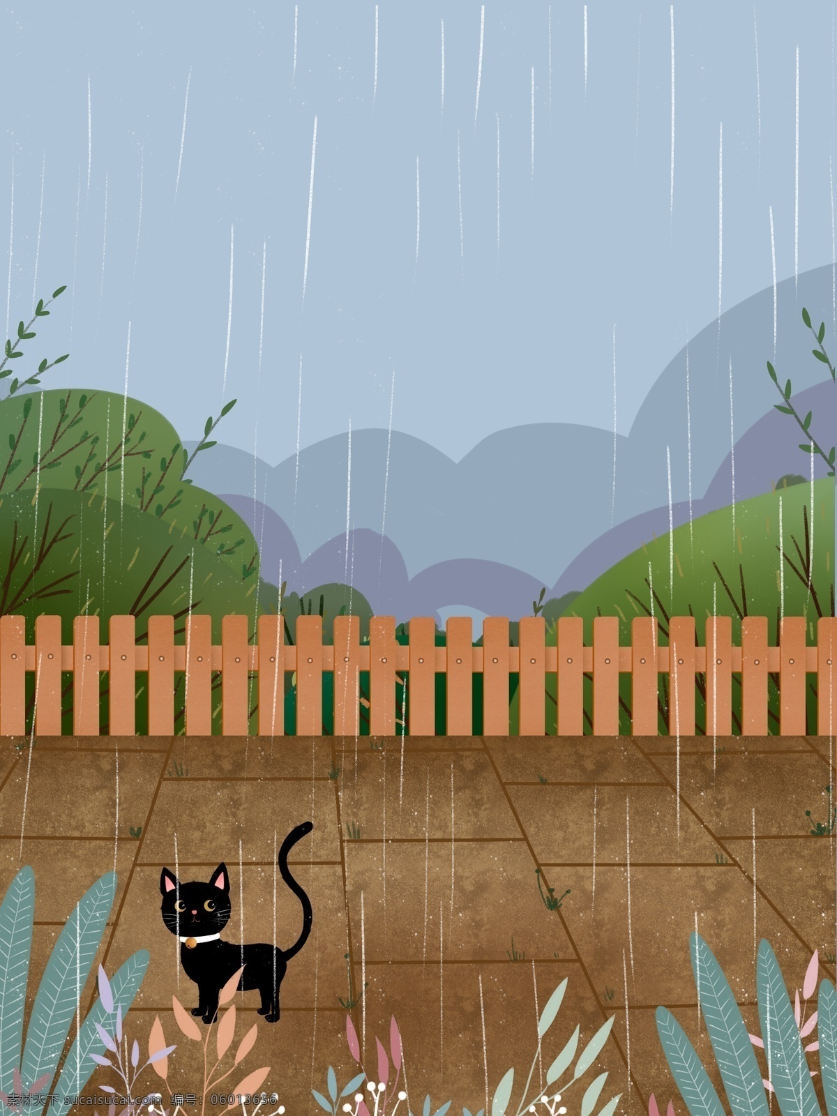雨季 唯美 院内 风景 插画 背景 下雨 绿色背景 治愈系背景 插画背景 植物背景 院内风景