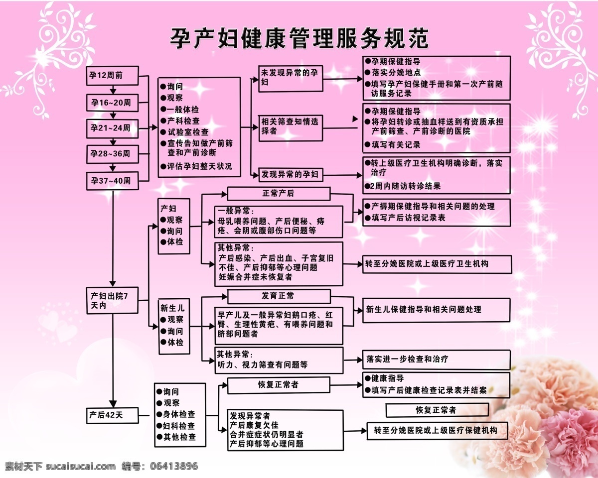 孕产妇 健康管理 流程图 医院 卫生院 花 康乃馨花 展牌 展板模板 广告设计模板 源文件