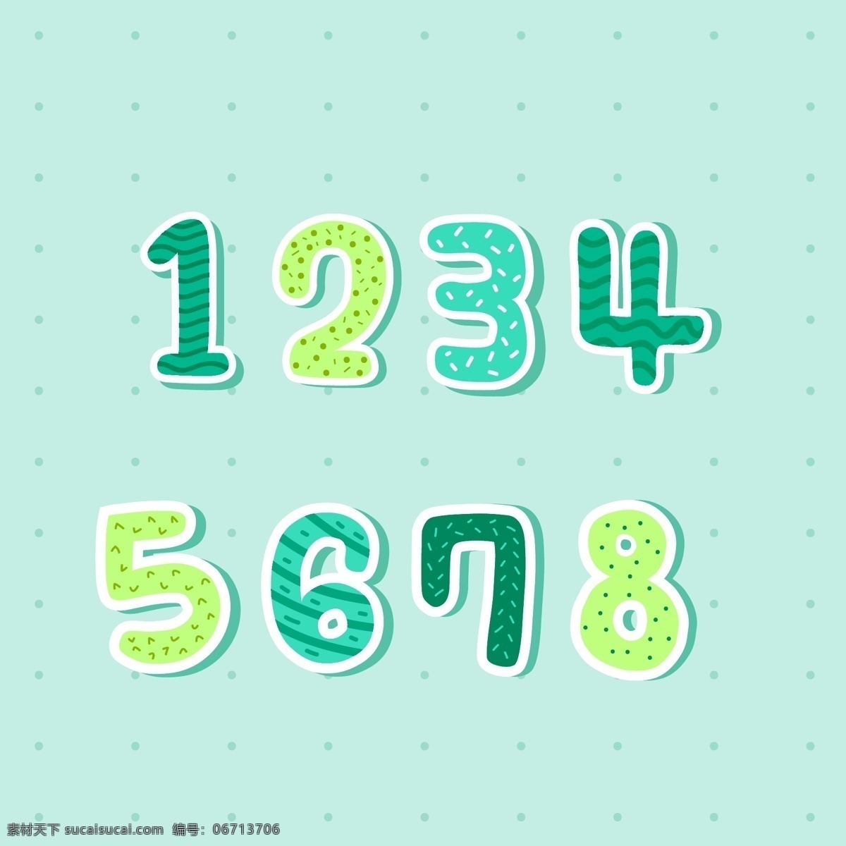 绿色 清新 数字 花纹 矢量素材 可爱 白色描边 ai素材