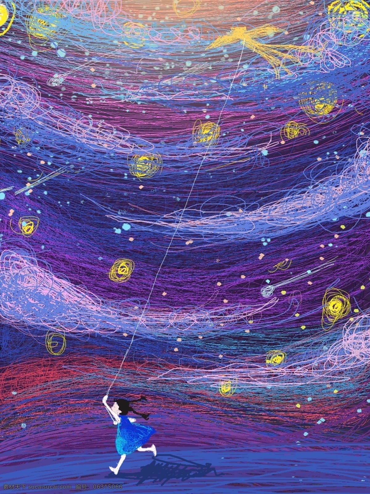 星空 下 渴望 飞翔 小孩 原稿 天空 插画 头像 治愈 少女 风筝 云彩 设计手绘 手机壁纸 幻想 线圈