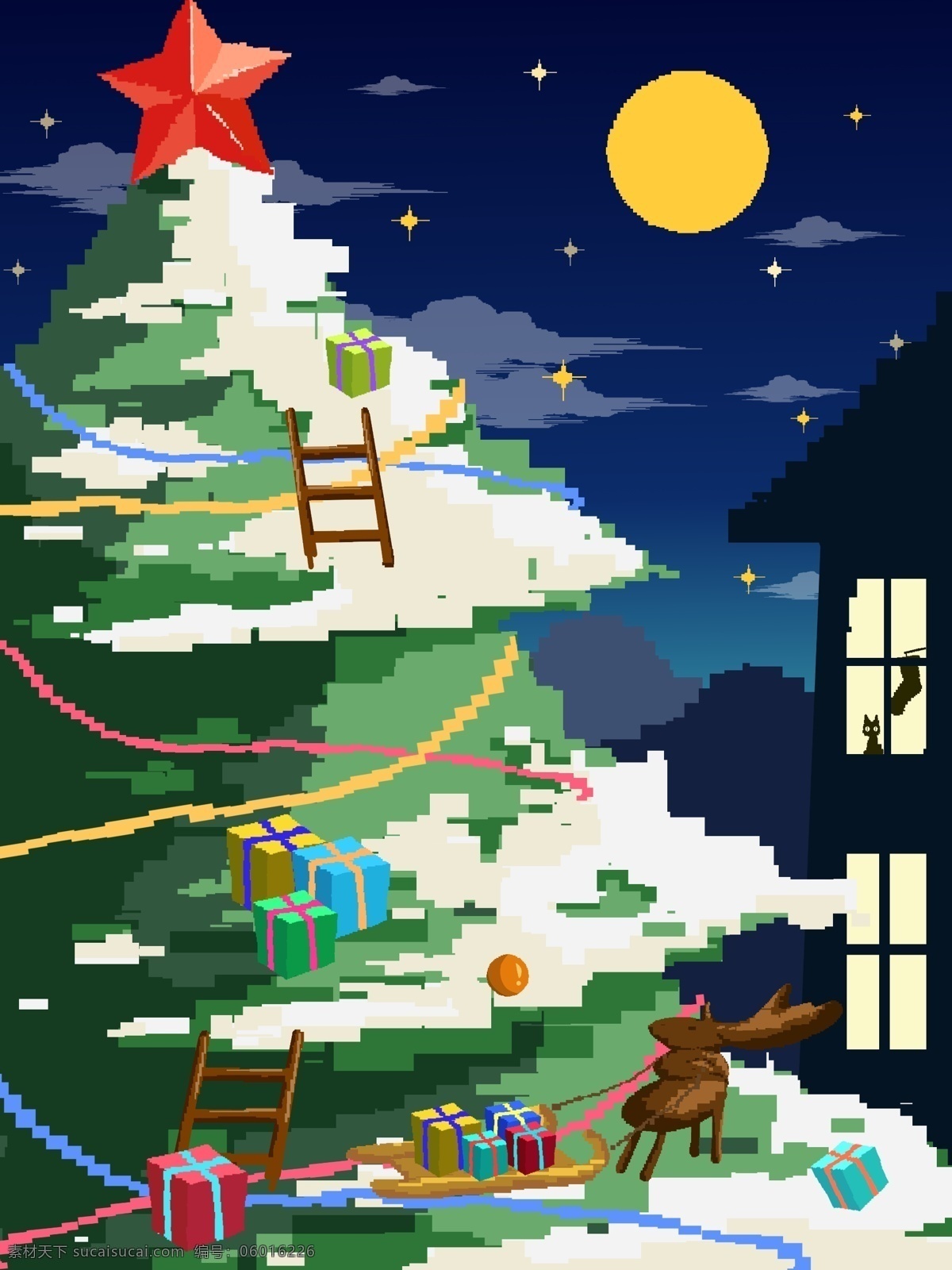 夜晚 夜景 圣诞快乐 背景 星空 唯美 梦幻 圣诞树 圣诞节 村庄 雪地 下雪 星空背景 广告背景