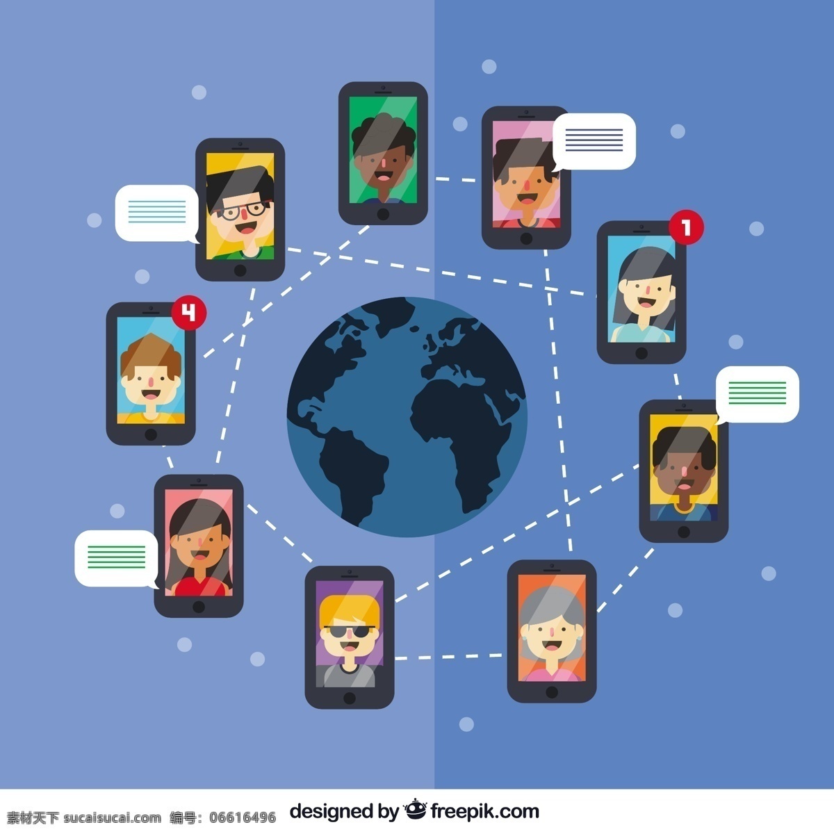 手机网络概念 卡通 网络 智能手机 移动电话 国际 全球 蓝色