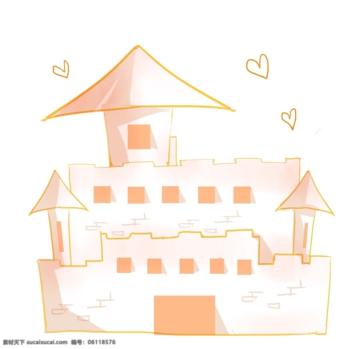 手绘 城堡 建筑 商用 元素 心形 立体 古堡