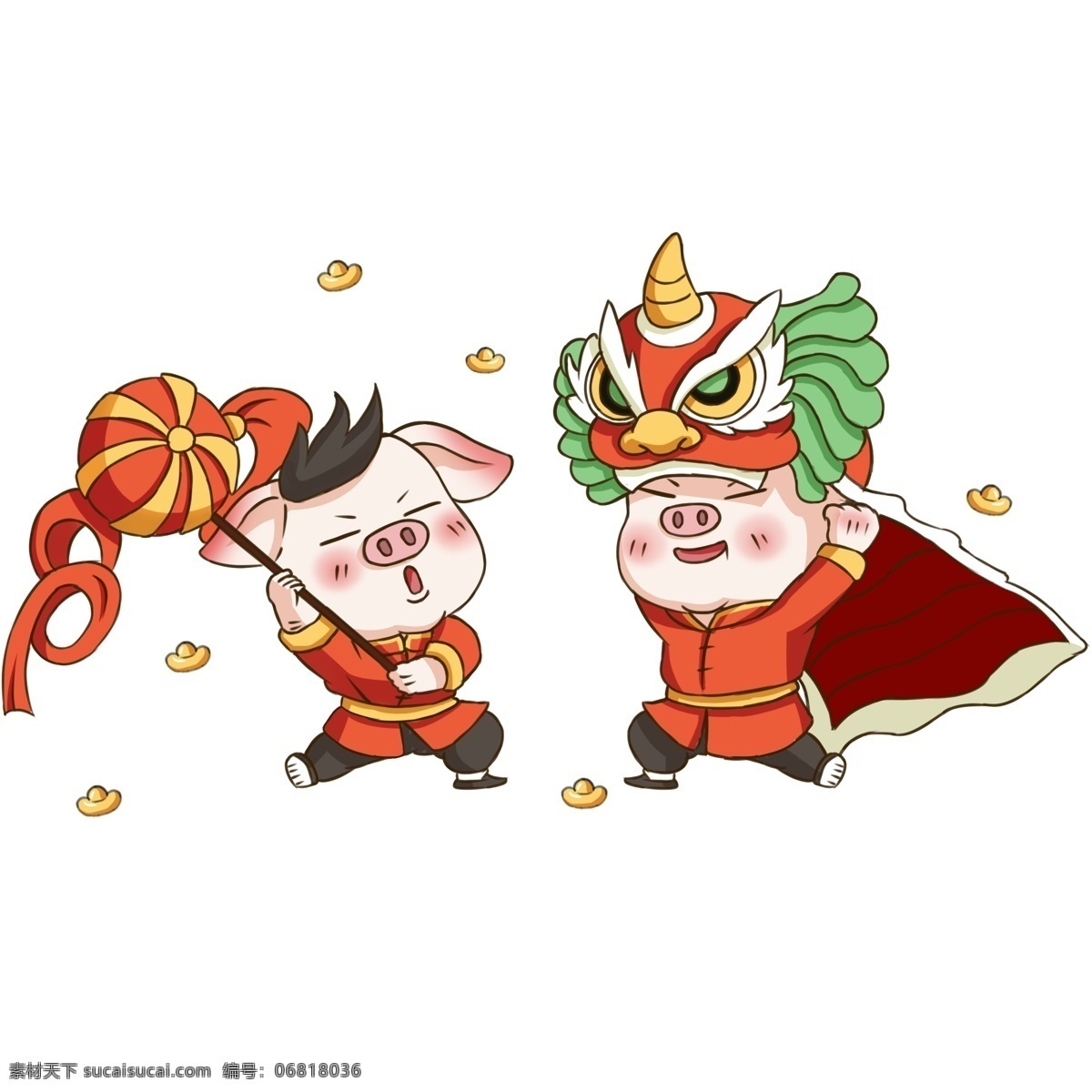 新年 小 猪 透明 底 中国风 春节 舞狮 红色 喜庆 2019新年 传统节日 小猪 猪年 生肖 彩球