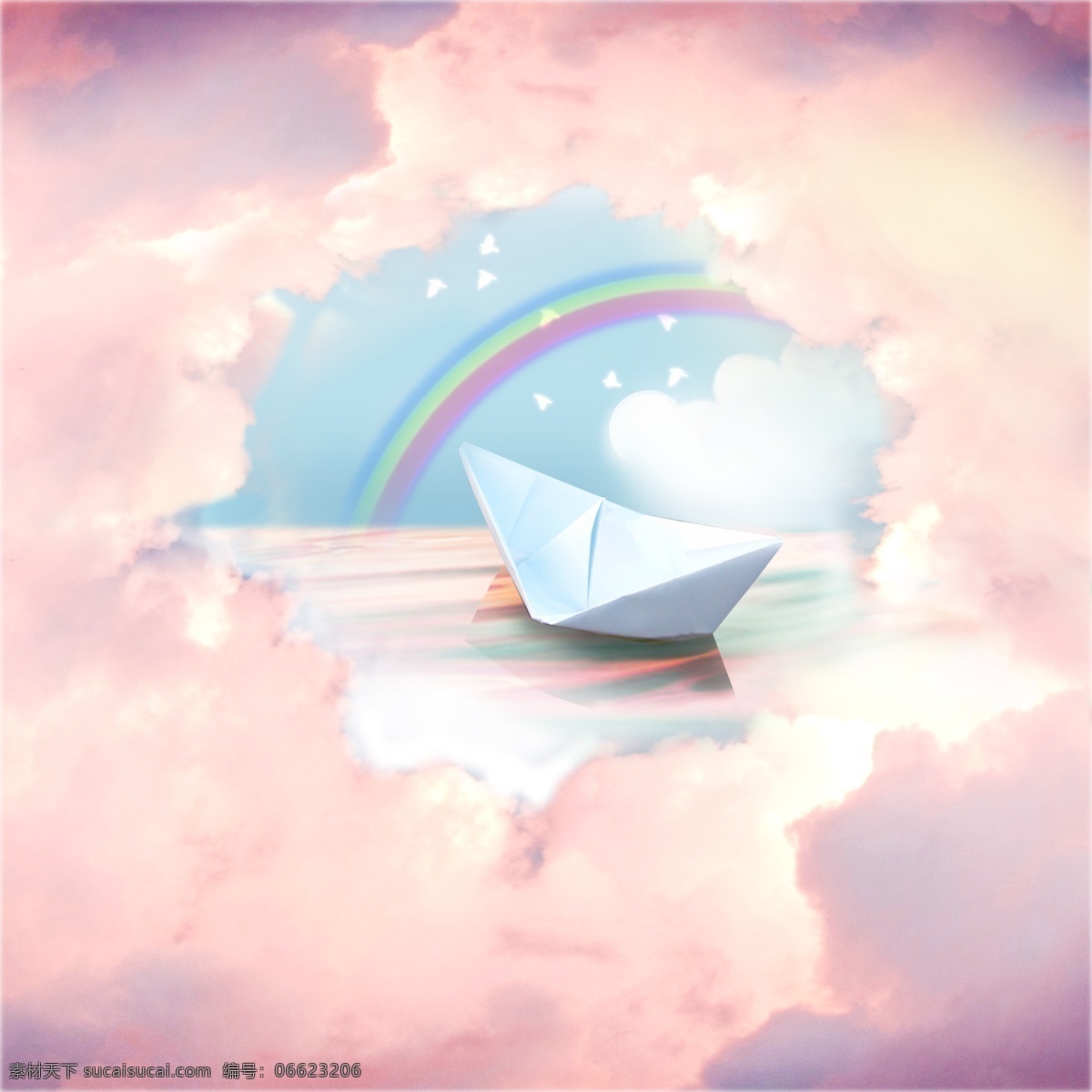 童话 世界 梦幻 装饰 背景 源文件 渐变 粉红色云彩 彩虹 天空 装饰图案