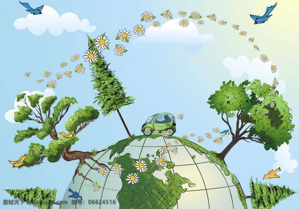 插画 地球 花朵 环保 鸟 汽车 手绘 创意 矢量 模板下载 创意环保插画 云朵 树木 psd源文件
