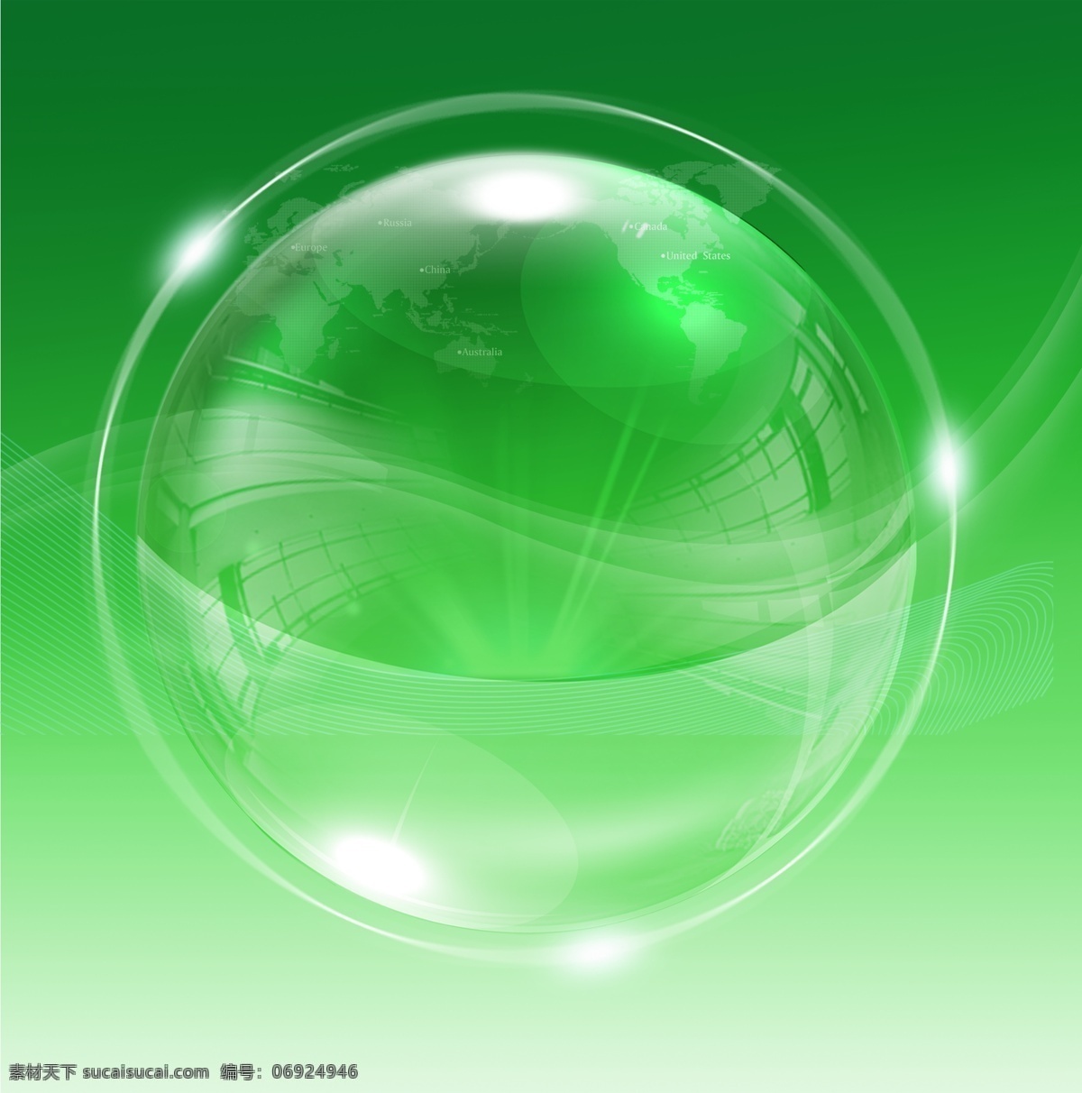 绿色 地球 创意设计 环保 水晶球 科技感图片 荧光线条 透明球体 透明 分层 源文件