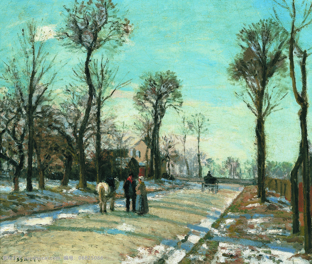 大师 画家 古典 画 建筑 景物 装饰画 油画 snow and sun winter louveciennes versailles de route pissarro camille 人物 高清 西方 国外 现代 家居装饰素材