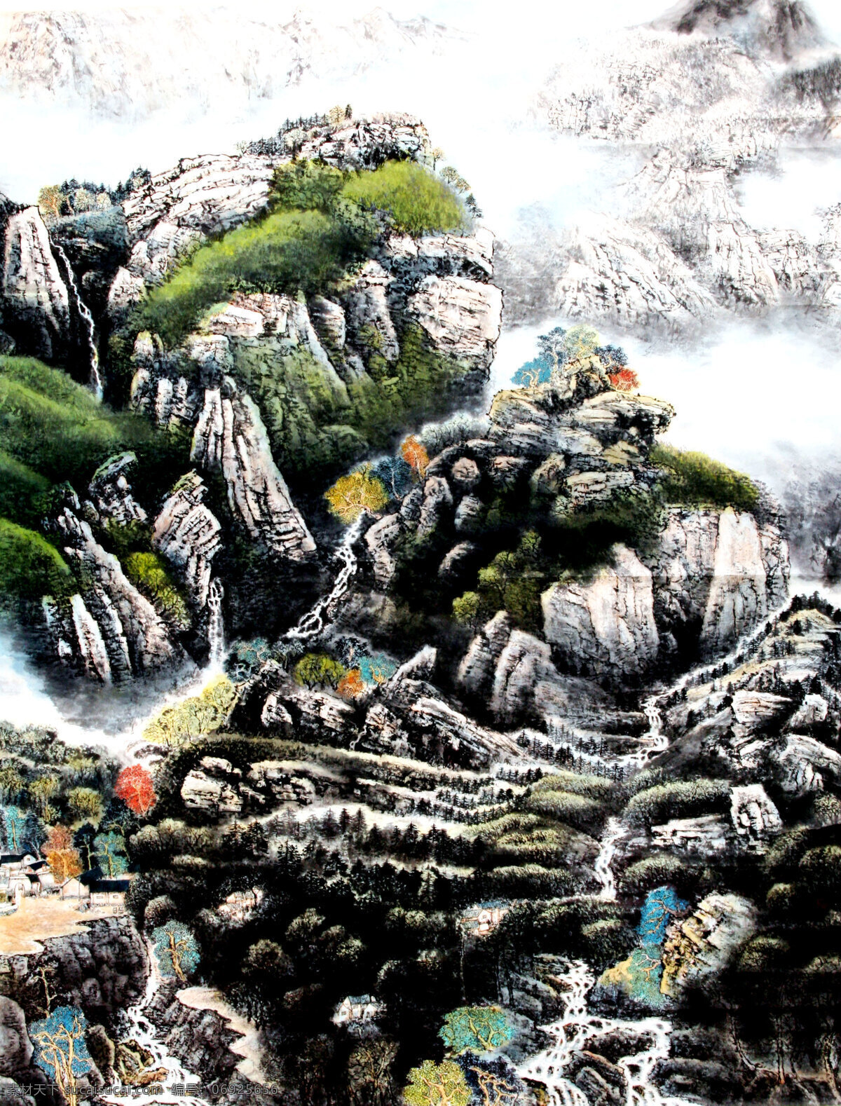 房屋 工笔画 国画 国画艺术 画 绘画书法 瀑布 山村 山水画 水墨画 山水 春山 山岭 溪涧 江流 树木 云雾 书法 印章 中国水墨画 文化艺术 家居装饰素材 雕刻 图案