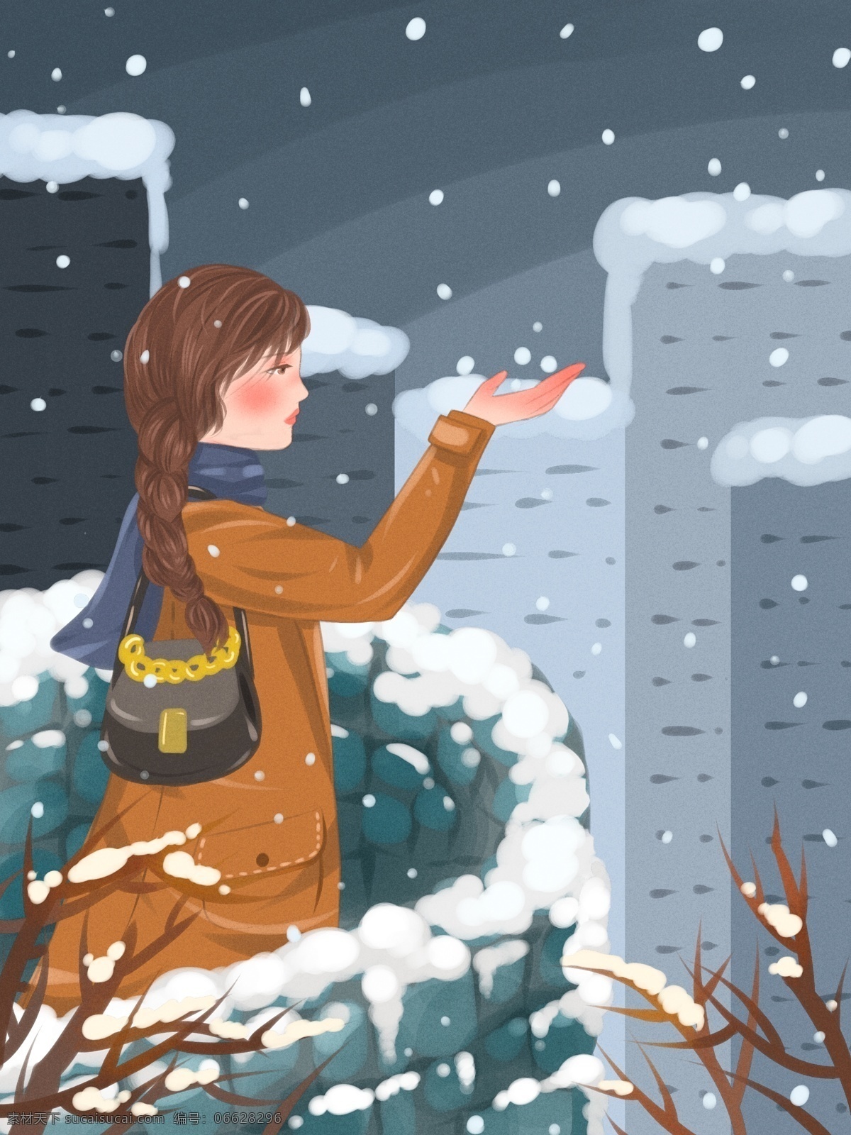 唯美 冬季 俯瞰 城市 雪景 都市 女孩 阳台 雪花 唯美冬季 积雪