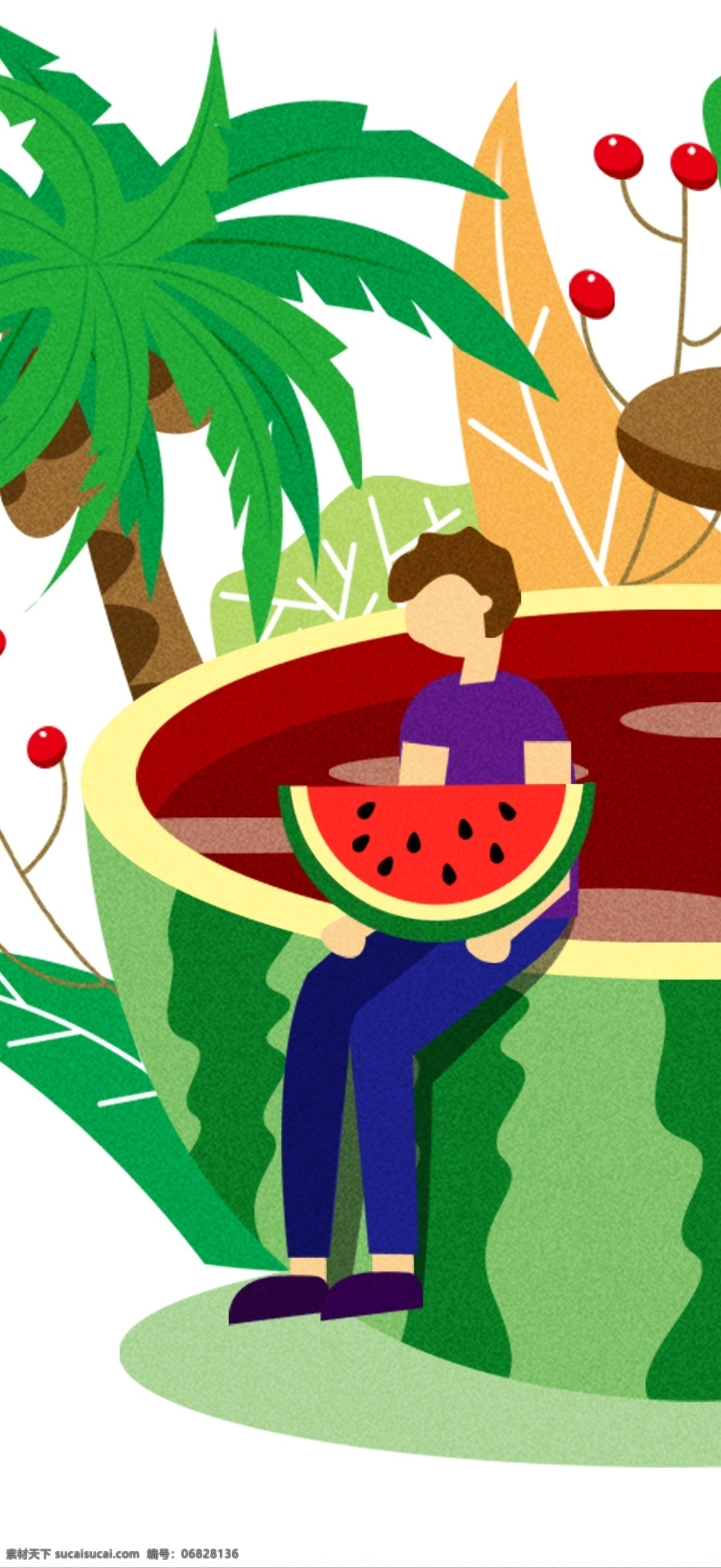 原创 插画 二十四节气 夏至 网页 配 图 二十四 节气 配图 网页配图 夏季 夏天 夏至节气 节气插画 西瓜 椰子树 绿草