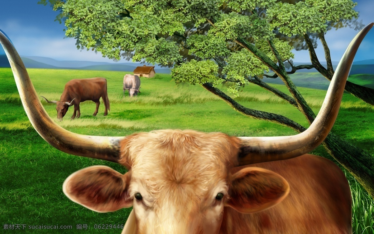牛 手绘动物画牛 手绘 手绘动物画 设计素材 其它动物 动物插图 书画美术 绿色