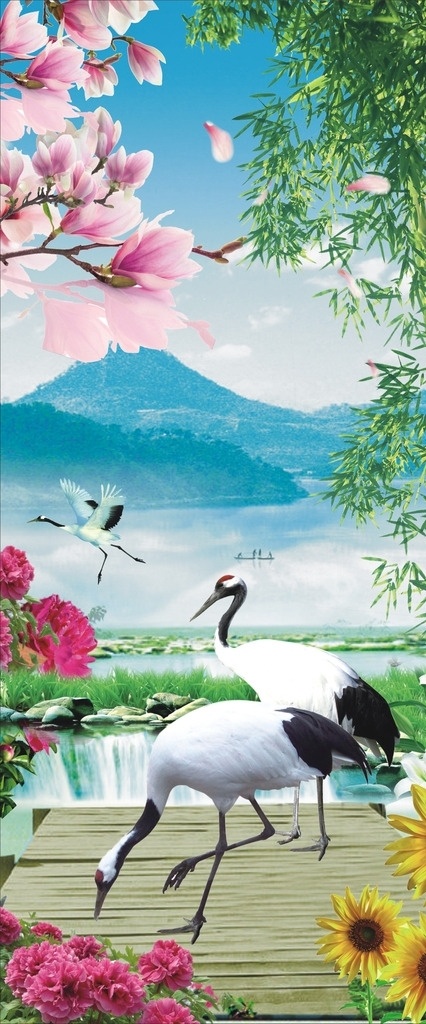 白鹤 玉兰 竹子 湖泊 风景 自然景观 自然风光