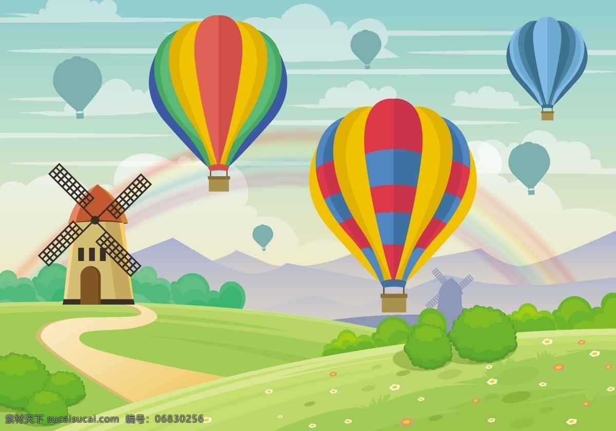 手绘 热气球 儿童 插画 儿童插画 手绘热气球 热气球插画 彩虹 风车屋 田园插画
