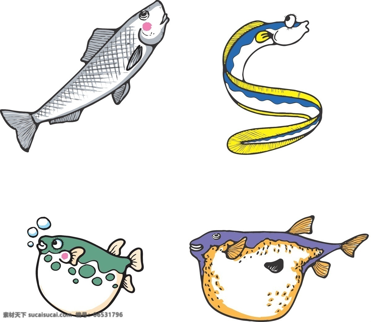 鱼 带鱼 大肚鱼 儿童插画 吐泡泡的鱼 长带鱼 热带鱼 鲤鱼 鲫鱼 大肚子鱼 插画 漫画 矢量图 卡通设计 白色