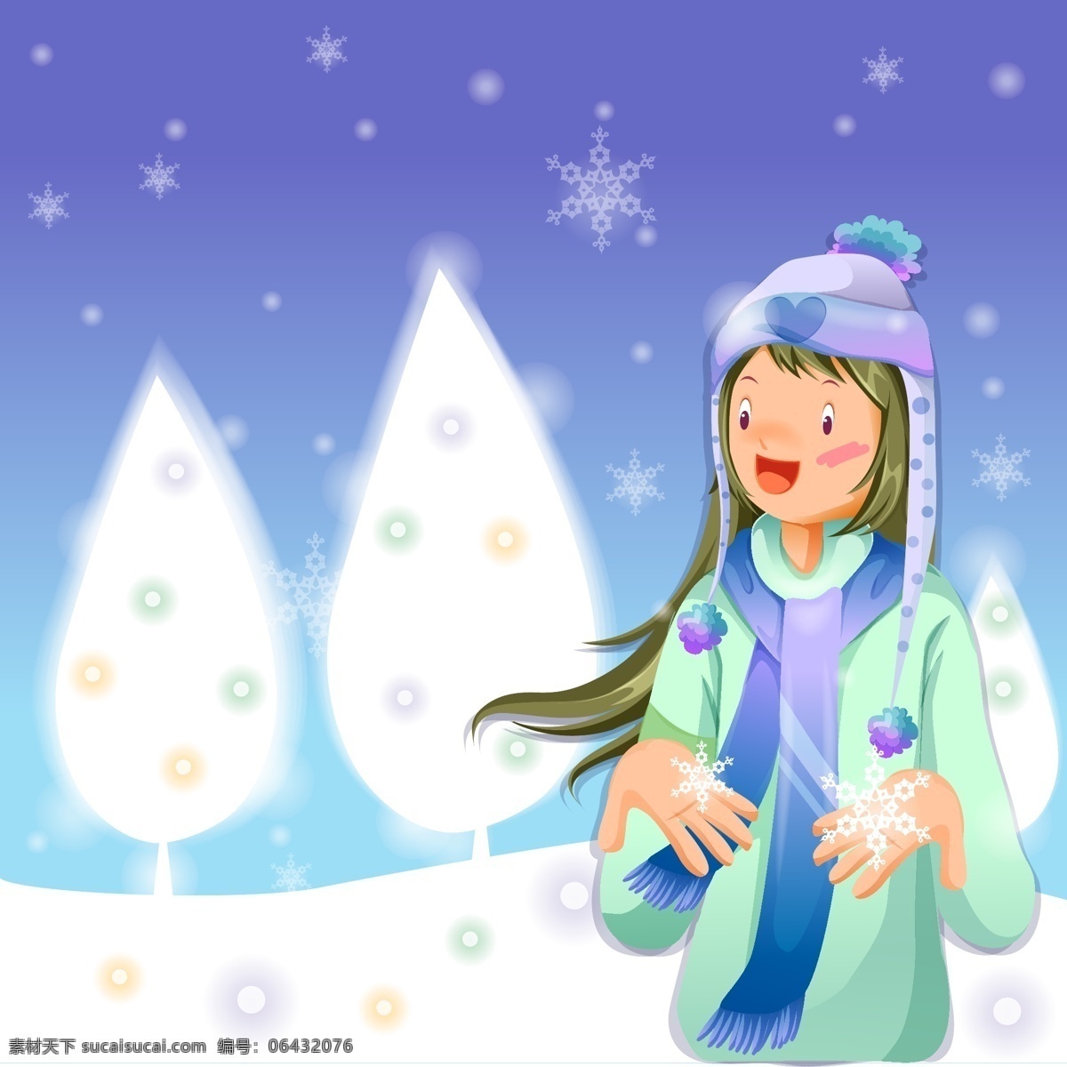 女孩 高兴 看 雪 矢量 爱情素材 城市剪影 女生 情侣插画 圣诞节 时尚情侣 手绘插画 树 围巾 雪花 模板下载 矢量图 矢量人物