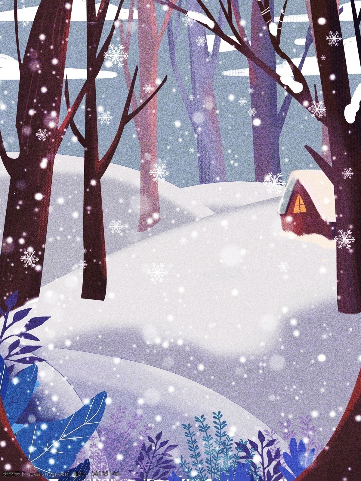 彩绘 大雪 节气 雪景 背景 雪地背景 手绘背景 下雪天背景 蓝色背景 蓝天白云 水彩背景 树林背景