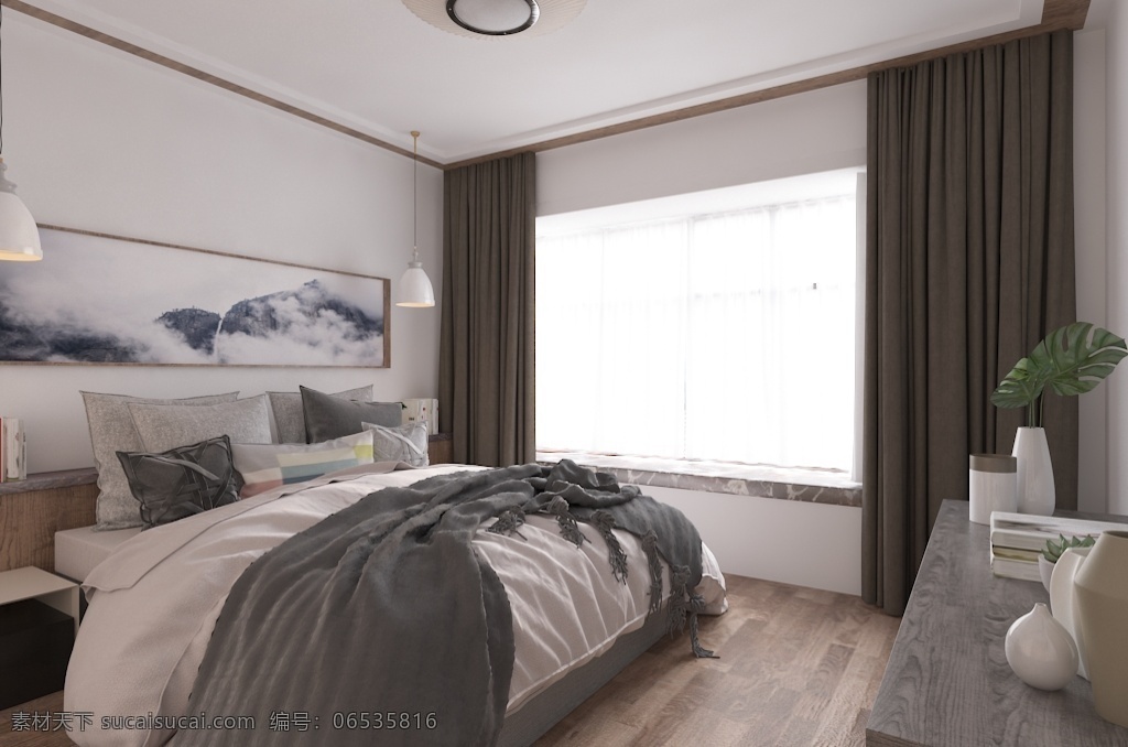现代 简约 原木 卧室 效果图 温馨 室内设计 大气 小居室