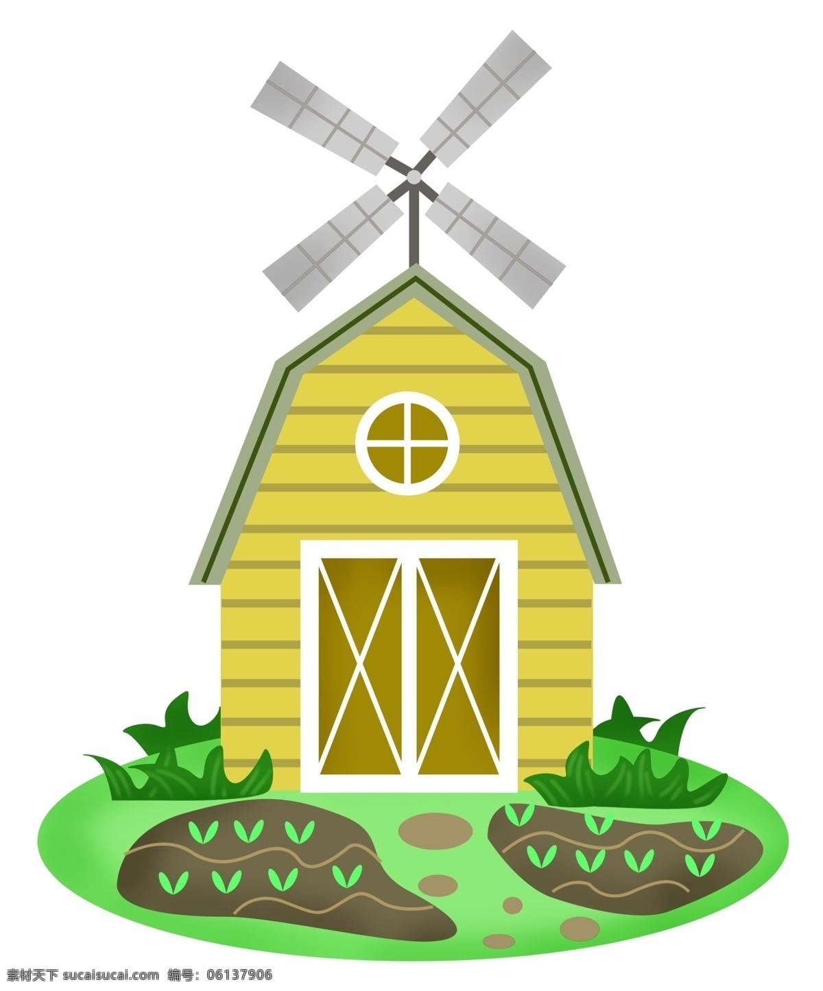 卡通 风车 屋子 插画 农场小屋 黄绿色的小屋 灰色的大风车 绿色的植物 绿色的幼芽 白色窗户