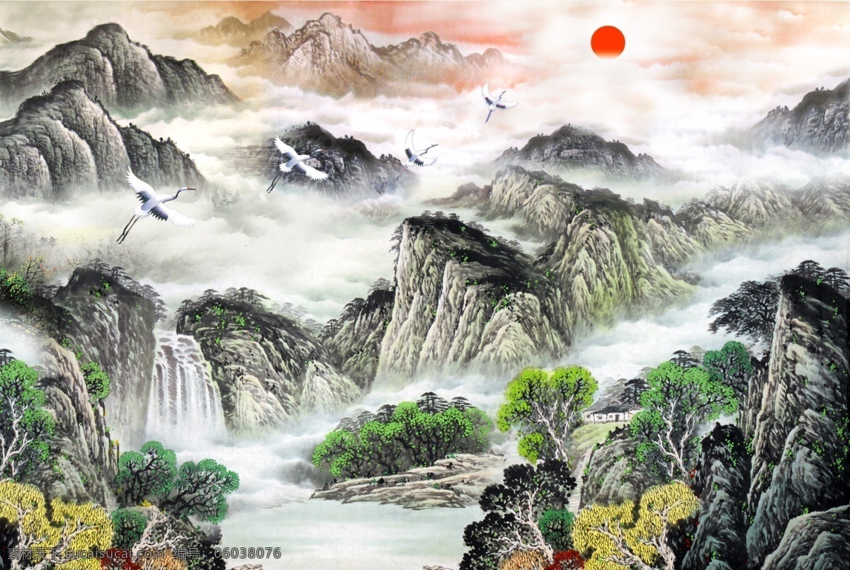 中国山水画 山水 中国画 山 日出 水 风景 分层 源文件