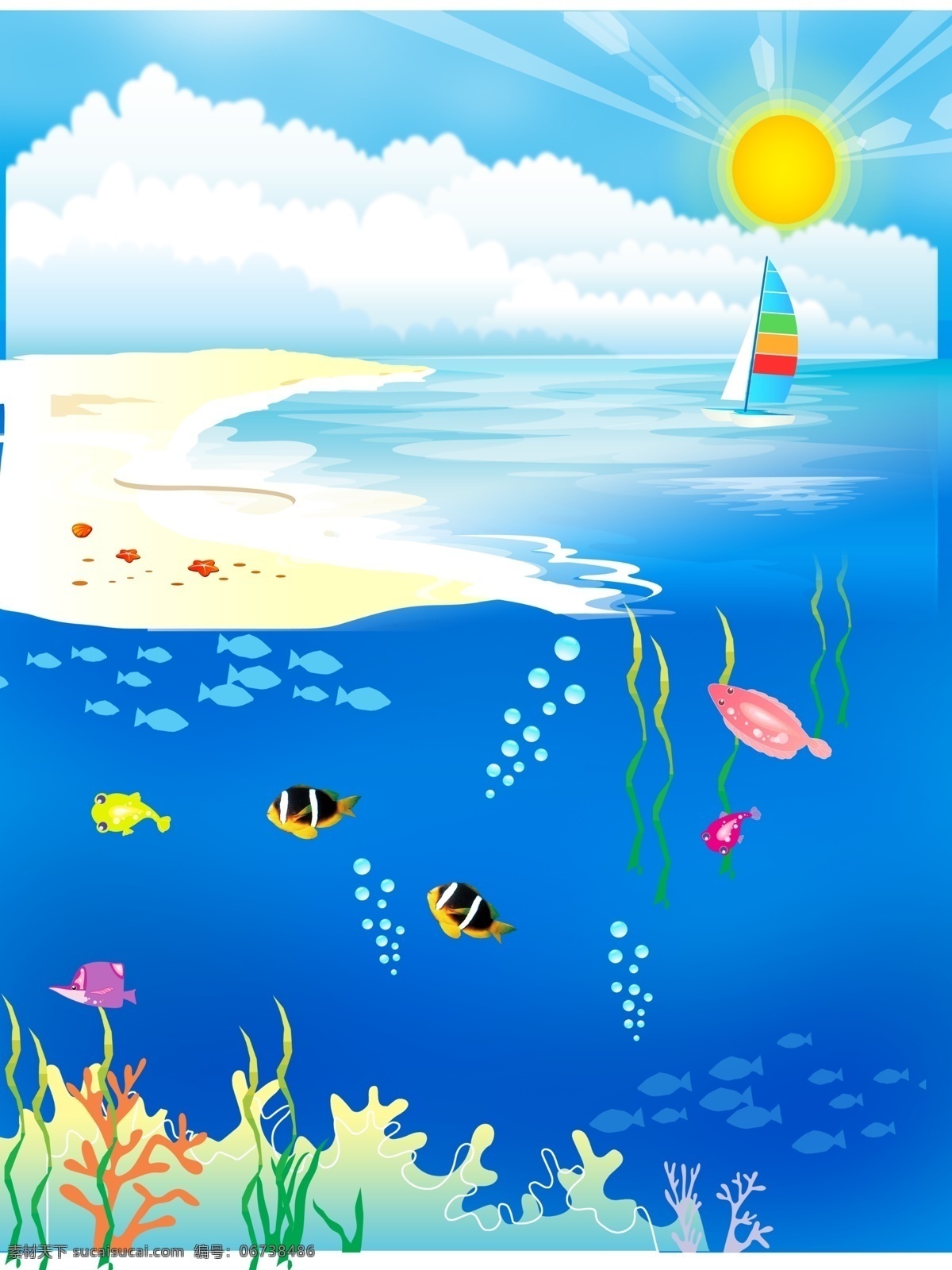 沙滩 海边 海底 世界 阳光 海底世界 小鱼 珊瑚 光线 海藻 帆船 蓝天白云 分层 背景素材