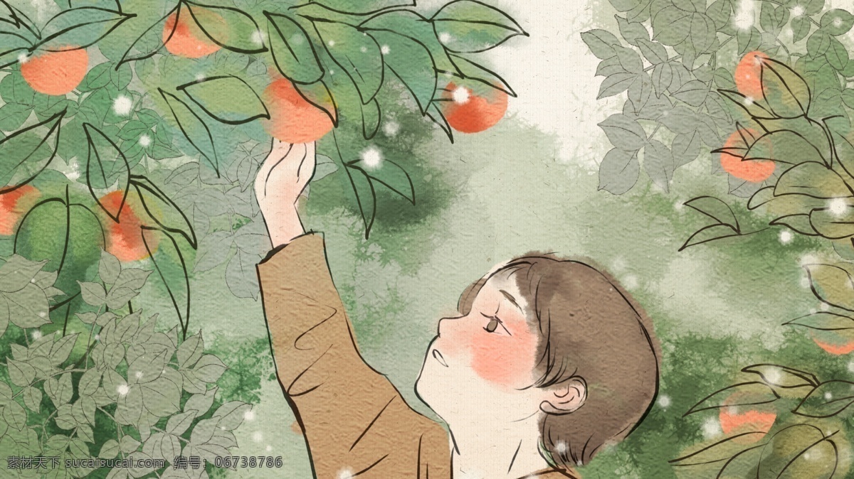 水彩 手绘 风霜 降 节气 摘 柿子 小孩 插画 壁纸 植物 手绘风 霜降 摘柿子 儿童