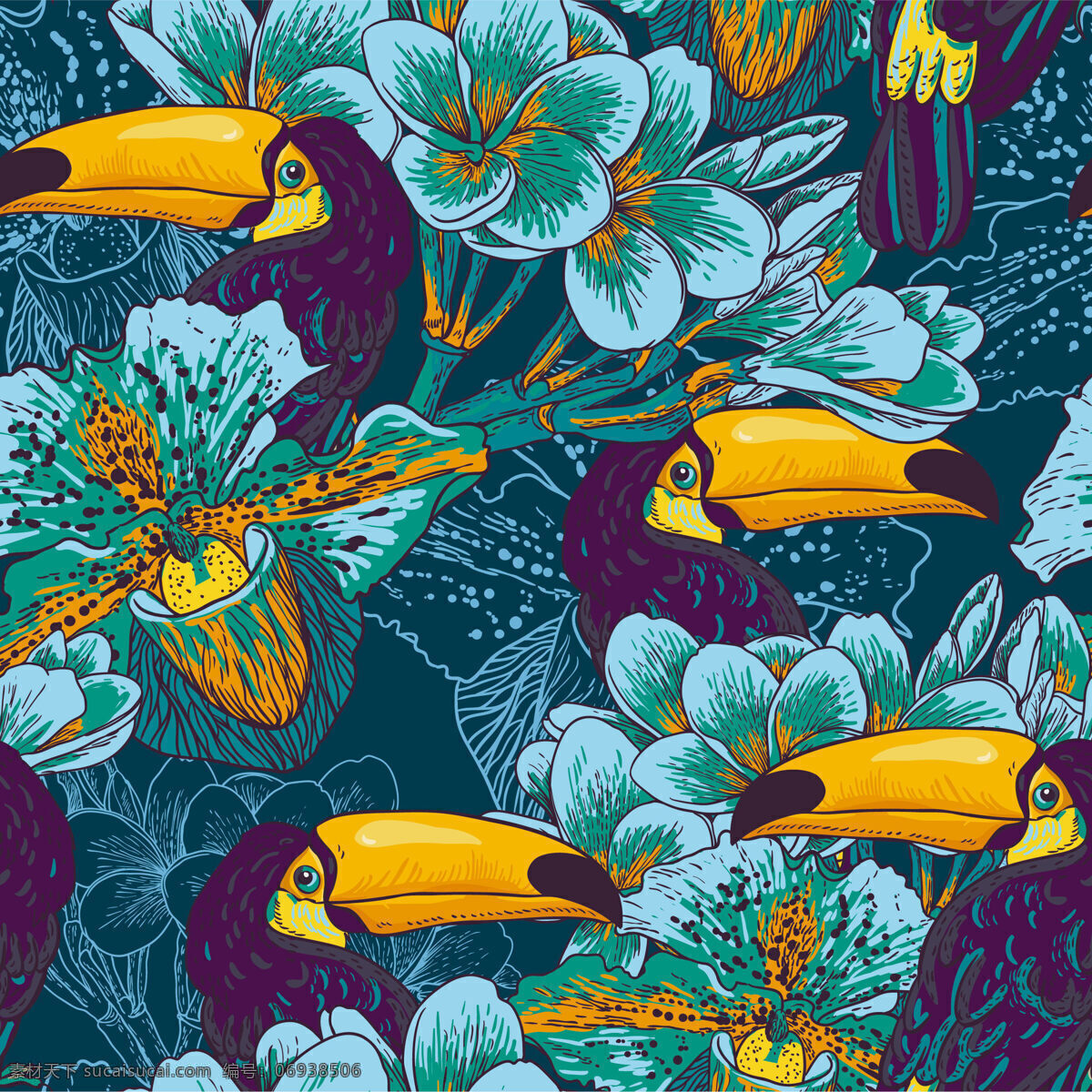 高级 感 深蓝色 底色 啄木鸟 壁纸 图案 装饰设计 壁纸图案 蓝色花朵 装饰时间 黄色花蕊