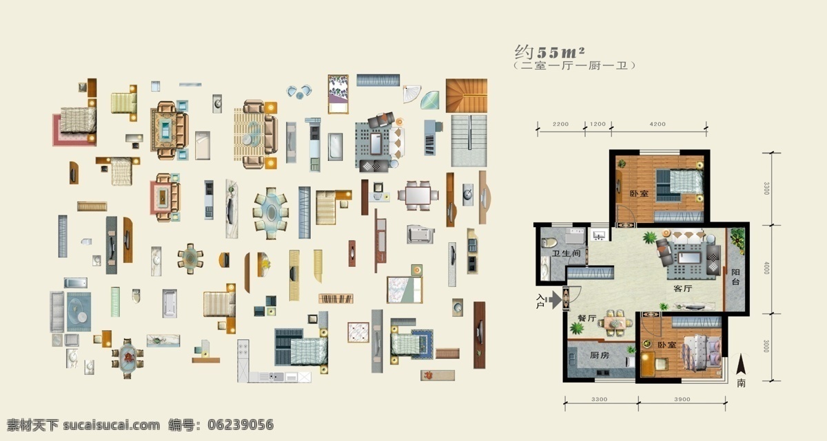 餐桌 厨卫 床 房地产广告 广告设计模板 户型 家居 建筑家居 彩色户型图 沙发 衣柜 木地板 源文件 家居装饰素材 建筑设计