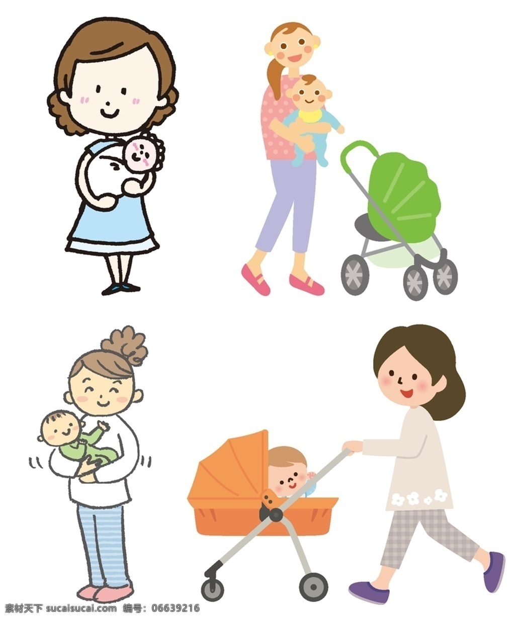 母亲 婴儿 妈妈 抱婴儿 母爱 婴儿车 散步 卡通 动漫卡通插图 动漫动画