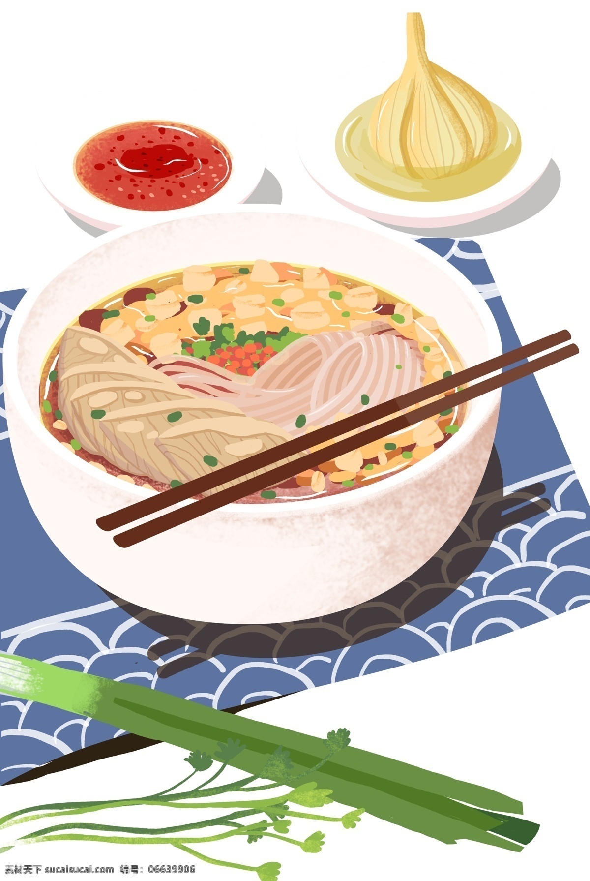 清香 手绘 面条 装饰 元素 装饰元素 美食 食物 面点 筷子 蓝色桌布 蒜头 辣椒酱 香葱