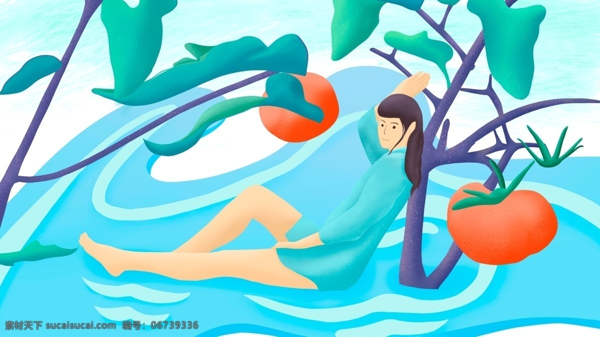 你好 八月 侧身 坐在 水面 西红柿 树下 女孩 插画 海报 壁纸 手绘 8月 你好系列 月签 水 坐着