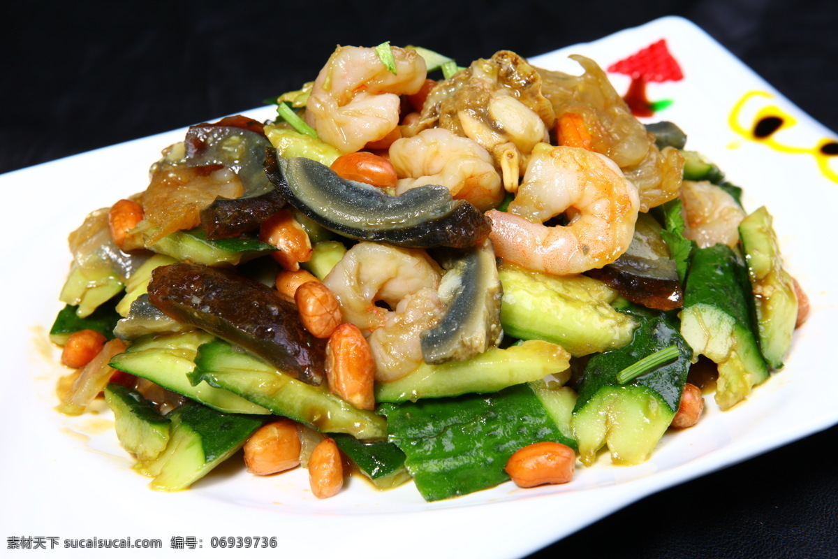 老醋六样 虾仁 蛰头 扇贝肉 松花蛋 黄瓜 花生豆 凉菜 农家风味 东北小菜 东北菜 传统美食 餐饮美食
