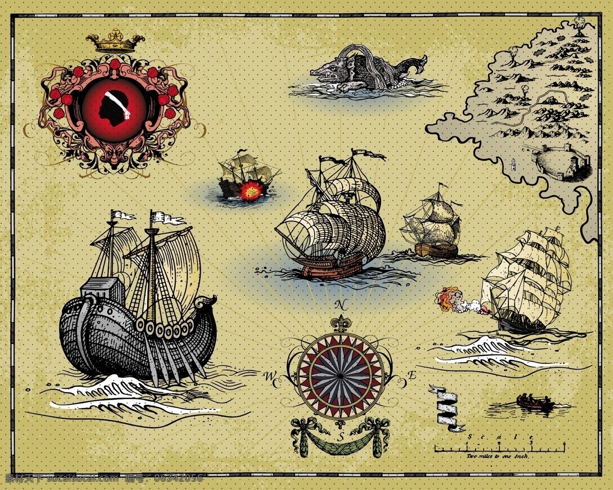 古 帆船 战舰 向量 标志 传说 船 复古 古代 海 木材 神话 云 战列舰 野兽 指南针 画线 桨 矢量图 日常生活