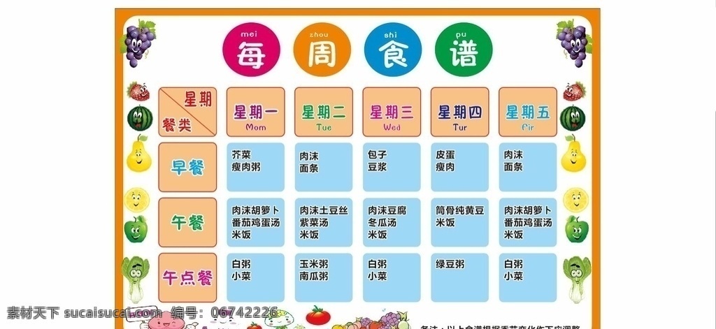 幼儿园食谱 每周食谱 幼儿园早餐 幼儿园午餐 幼儿园午点餐 幼儿园餐类 食谱 早餐 午餐 午点餐 餐类 幼儿园海报