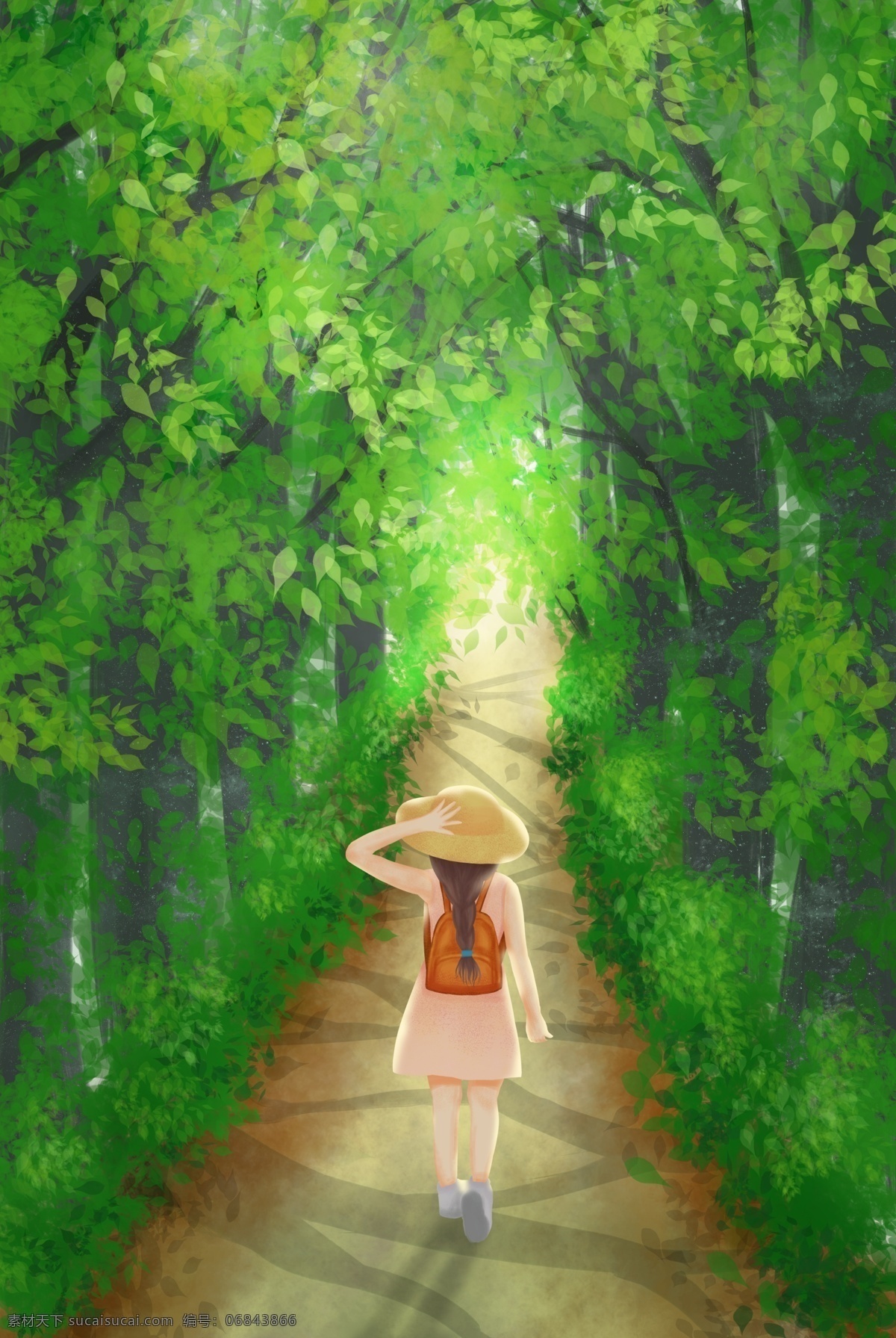 手绘 女孩 绿色 森林 中 探险 插画 春天 树木 郊游 戴草帽的女孩 背包 春游 绿色森林
