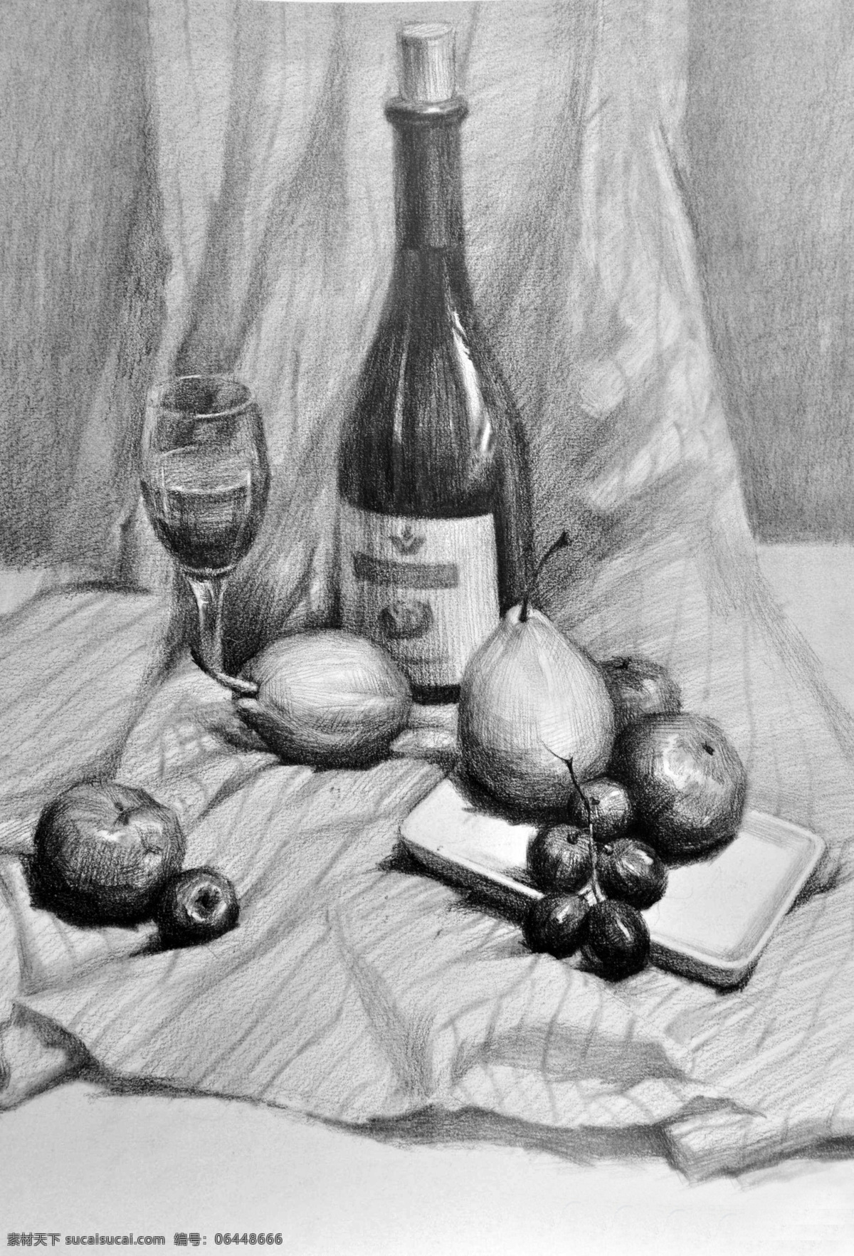 素描 素描静物 静物素描 素描作品 瓶子 高脚杯 水果 艺术绘画 文化艺术 绘画书法