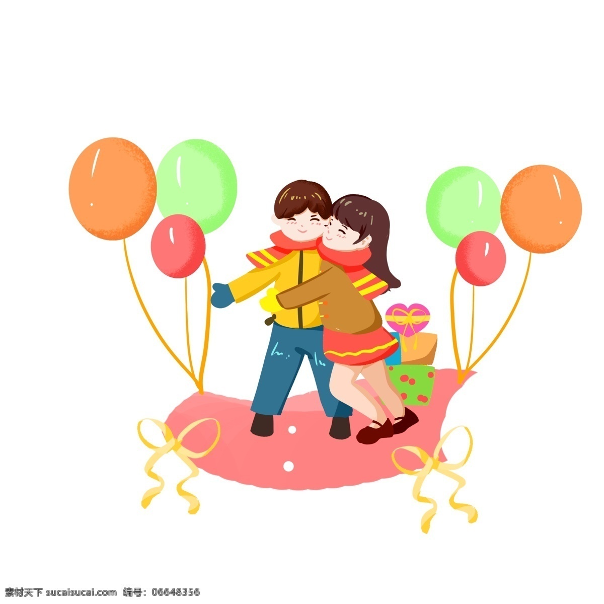 浪漫 情人节 小 男孩 小女孩 一起 手绘 插画 爱情 婚庆 love 粉色气球 漂浮气球 爱心气球