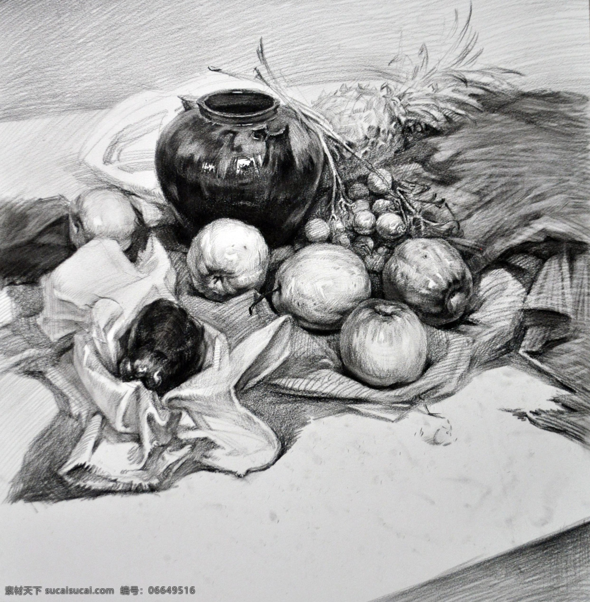 素描 素描静物 静物素描 素描作品 罐子 水果 艺术绘画 文化艺术 绘画书法