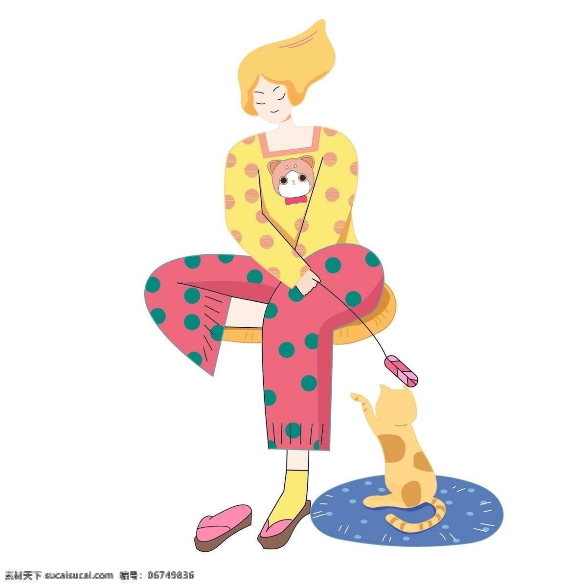 彩色 卡通 逗 猫 女孩 插画 逗猫 逗猫棒 温馨 治愈系