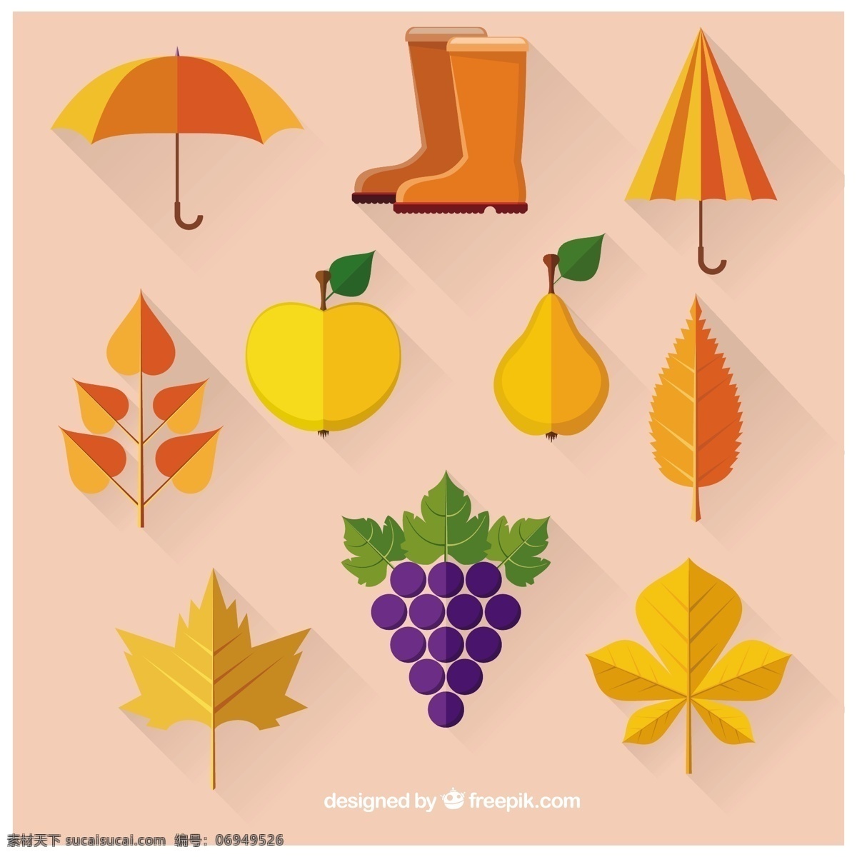 秋天 元素 集合 自然 叶子 水果 苹果 树叶 雨伞 葡萄 靴子 秋天的落叶 季节 梨 收集 粉色