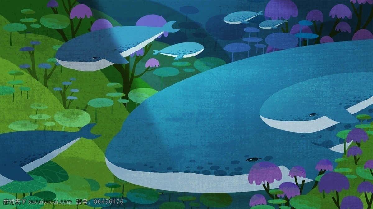 蓝色 游泳 鲸鱼 卡通 背景 可爱 海底植物